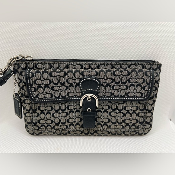 Coach Soho Black Mini Signature Clutch Wristlet Skinny Front Buckle - Picture 1 of 16